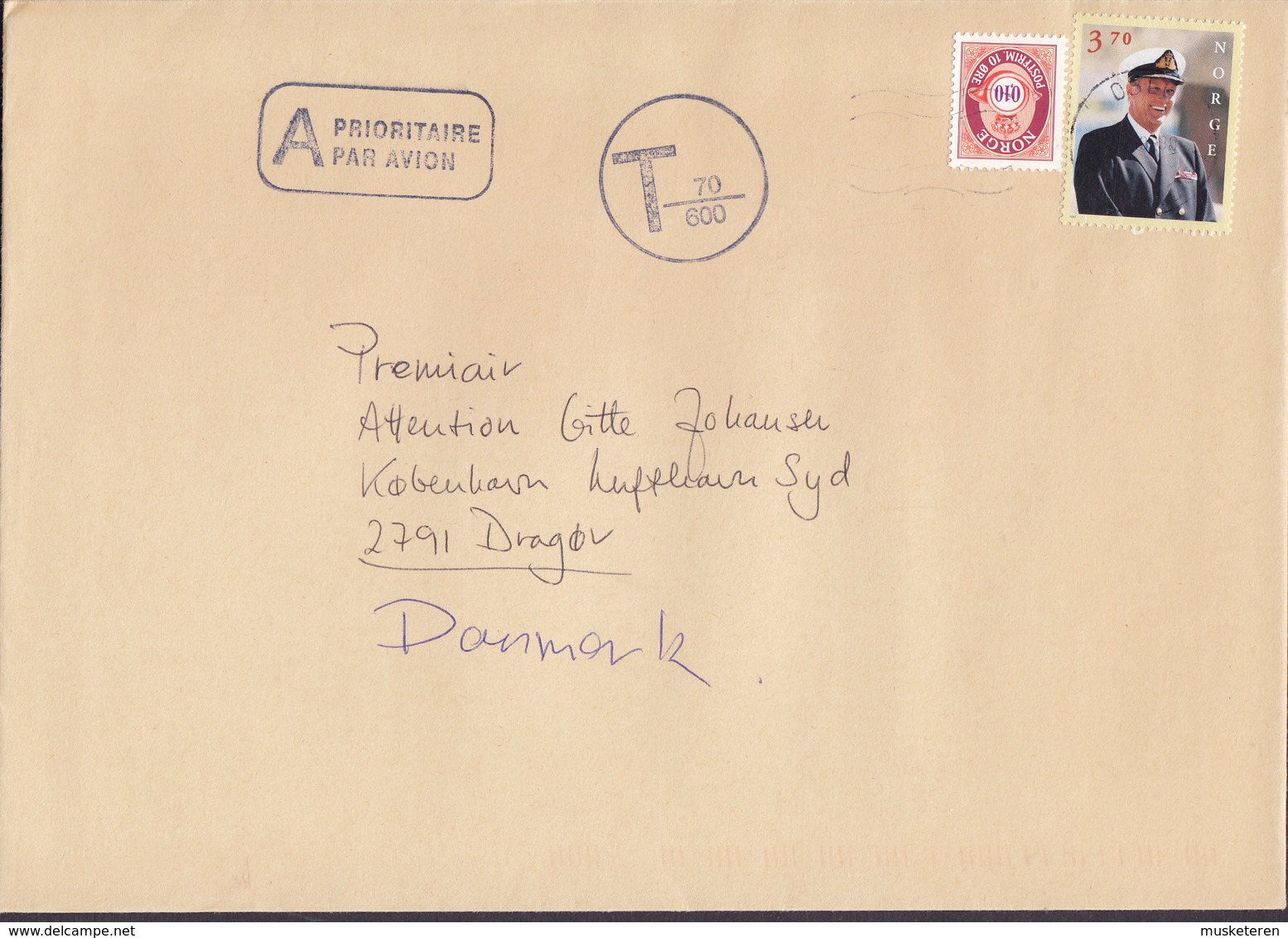 Norway Boxed A Prioritaire Par Avion OSLO 1998? Cover DRAGOER Denmark Postage Due TAXE T-Cds 70/600 (Encircled) - Briefe U. Dokumente