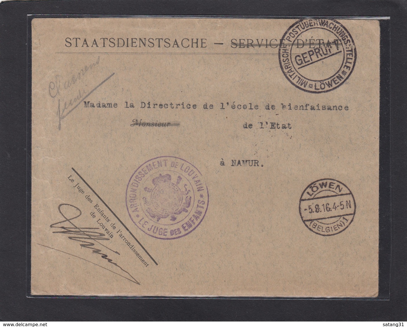 SERVICE DE L'ETAT-STAATSDIENSTSACHE.LETTRE EN FRANCHISE POSTALE DE LOUVAIN/LÖWEN AVEC CACHET DE CENSURE. - OC1/25 Gouvernement Général