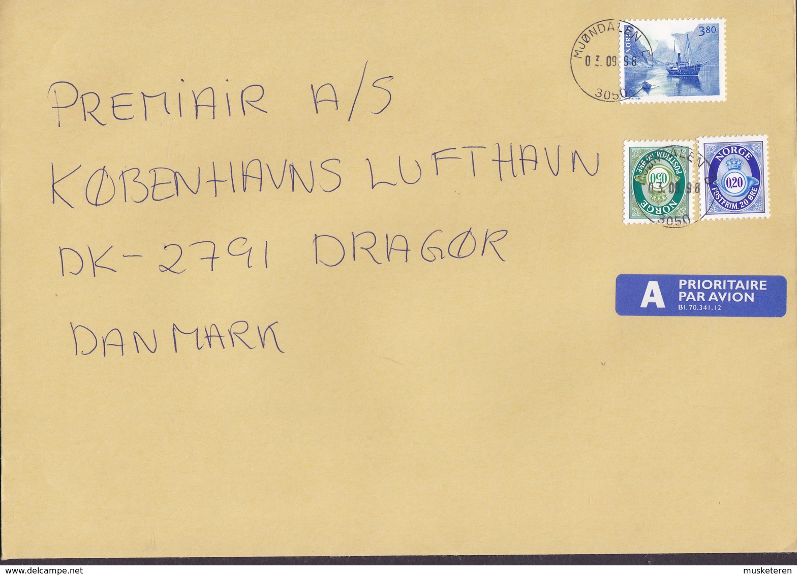 Norway A PRIORITAIRE Par Avion Label MJØNDALEN 1998 Cover Brief DRAGOER Denmark Ship Schiff Bateau - Briefe U. Dokumente