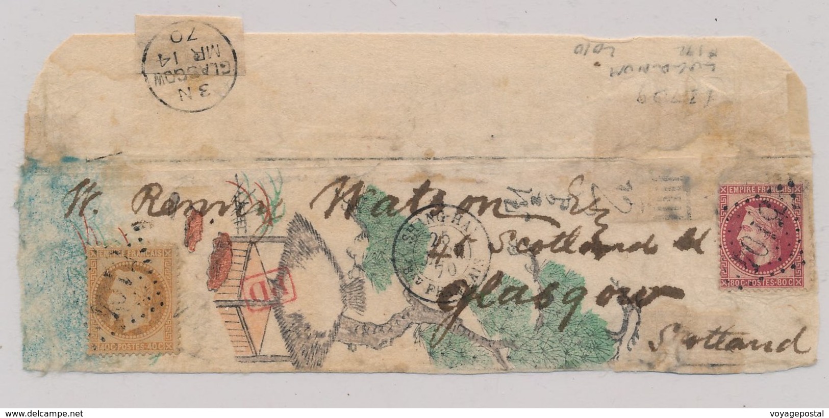 Chine Shanghai 40c+80c On Paper Silk To Scotland Rare China Cover Lettre - ...-1878 Prephilately