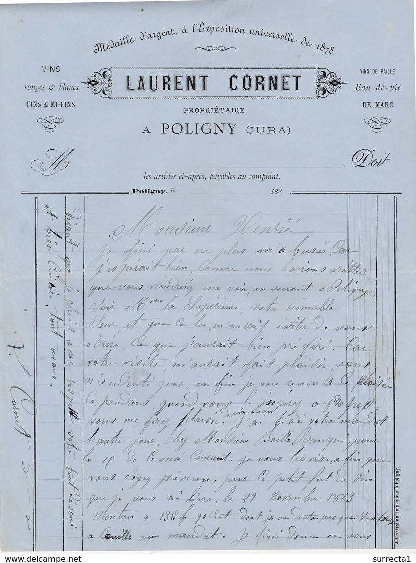 Facture 1883 / Laurent CORNET / Vins Fins / Vin De Paille / 39 Poligny Jura - 1800 – 1899