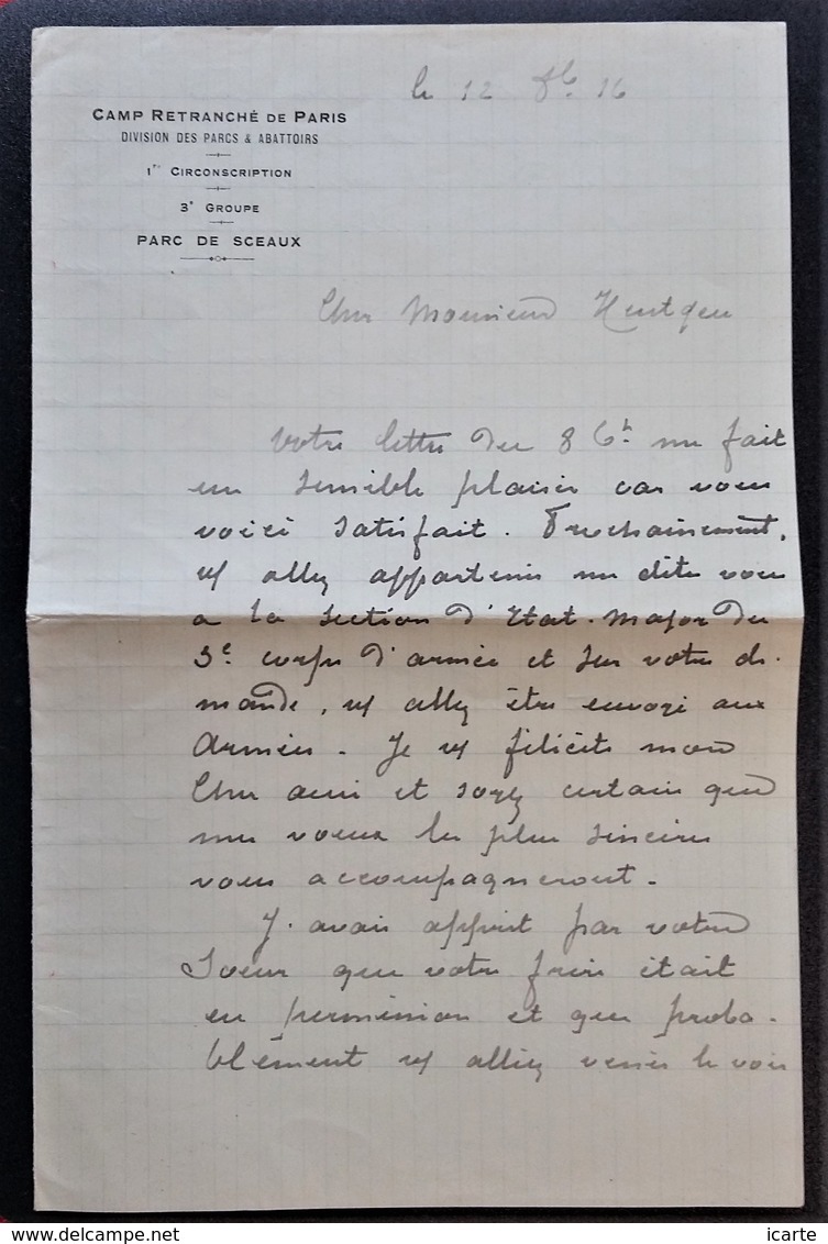 Lettre 4 Pages à En-tête Camp Retranché De Paris PARCS ET ABATTOIRS PARC DE SCEAUX 13,5 X 21,1 Cm Oct 1916 - WW I