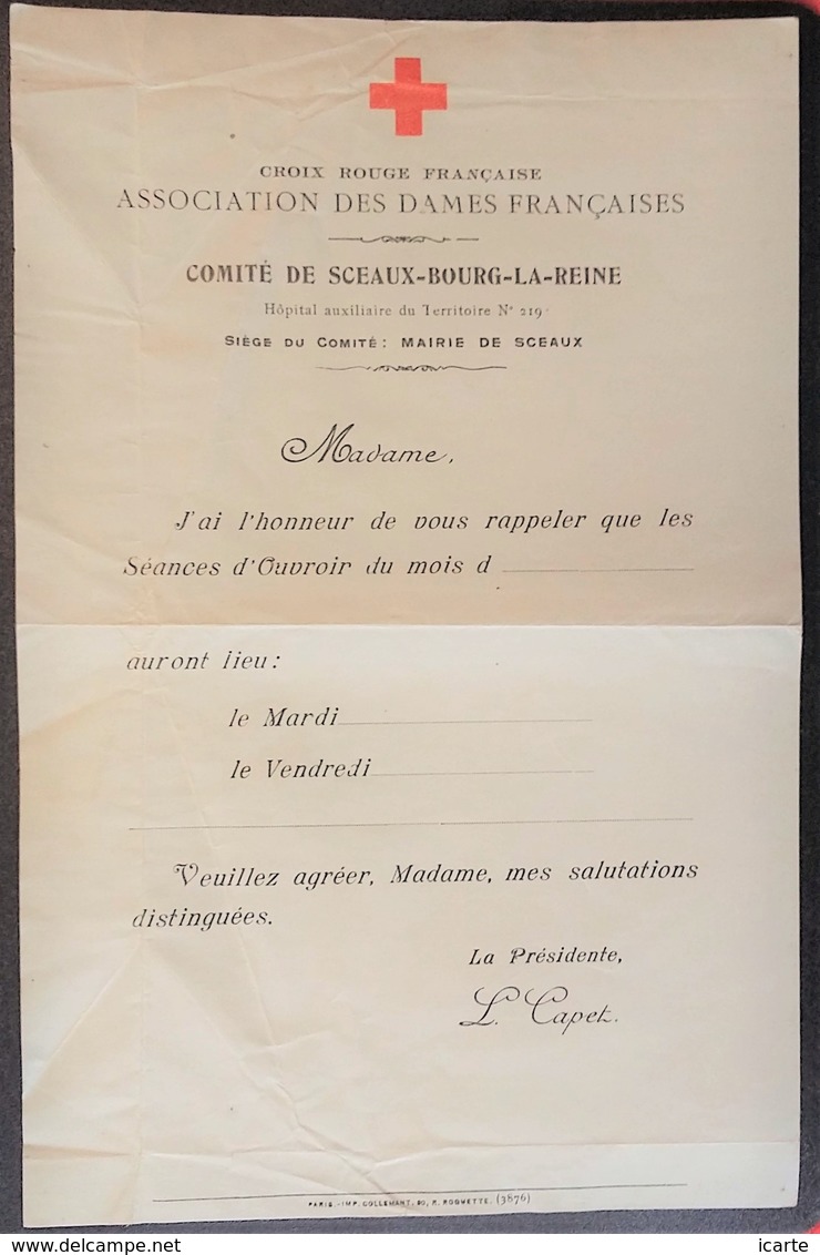 Lettre à En-tête CROIX-ROUGE HÔPITAL AUXILIAIRE N°219 SCEAUX BOURG-LA-REINE Association Des Dames Françaises - Guerre De 1914-18