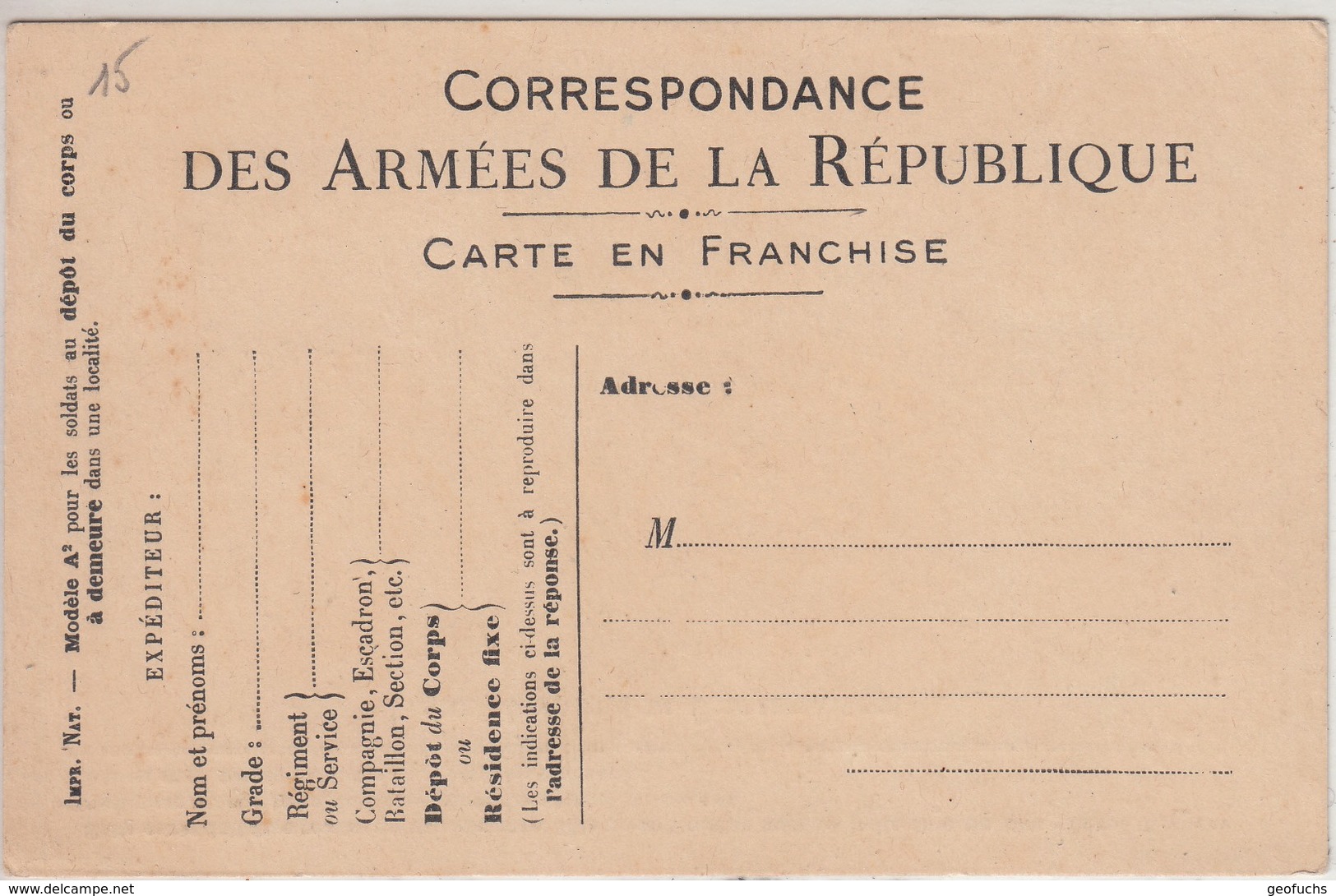 France Carte En Franchise Militaire 14/18 Officielle, émise En 1915 Pour Les Troupes Au Dépôt Du Corps, Non Circulée - Lettres & Documents