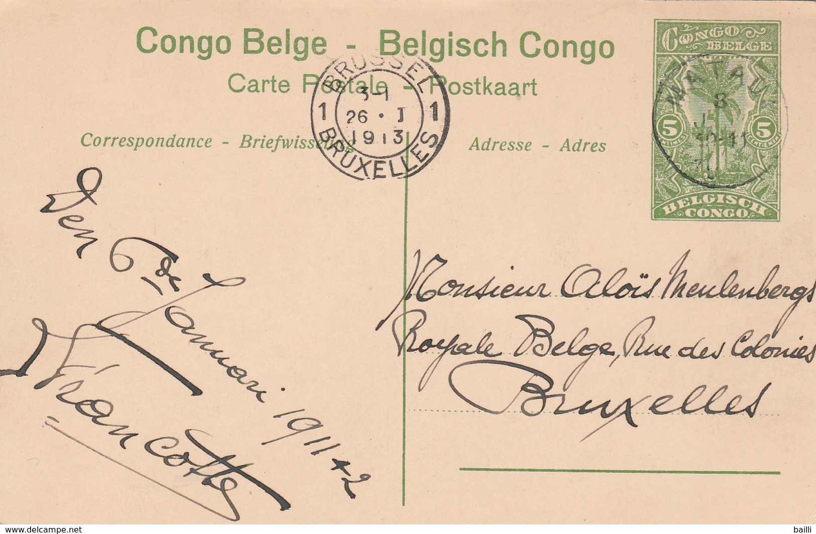 Congo Belge Entier Postal Illustré Pour La Belgique 1913 - Entiers Postaux