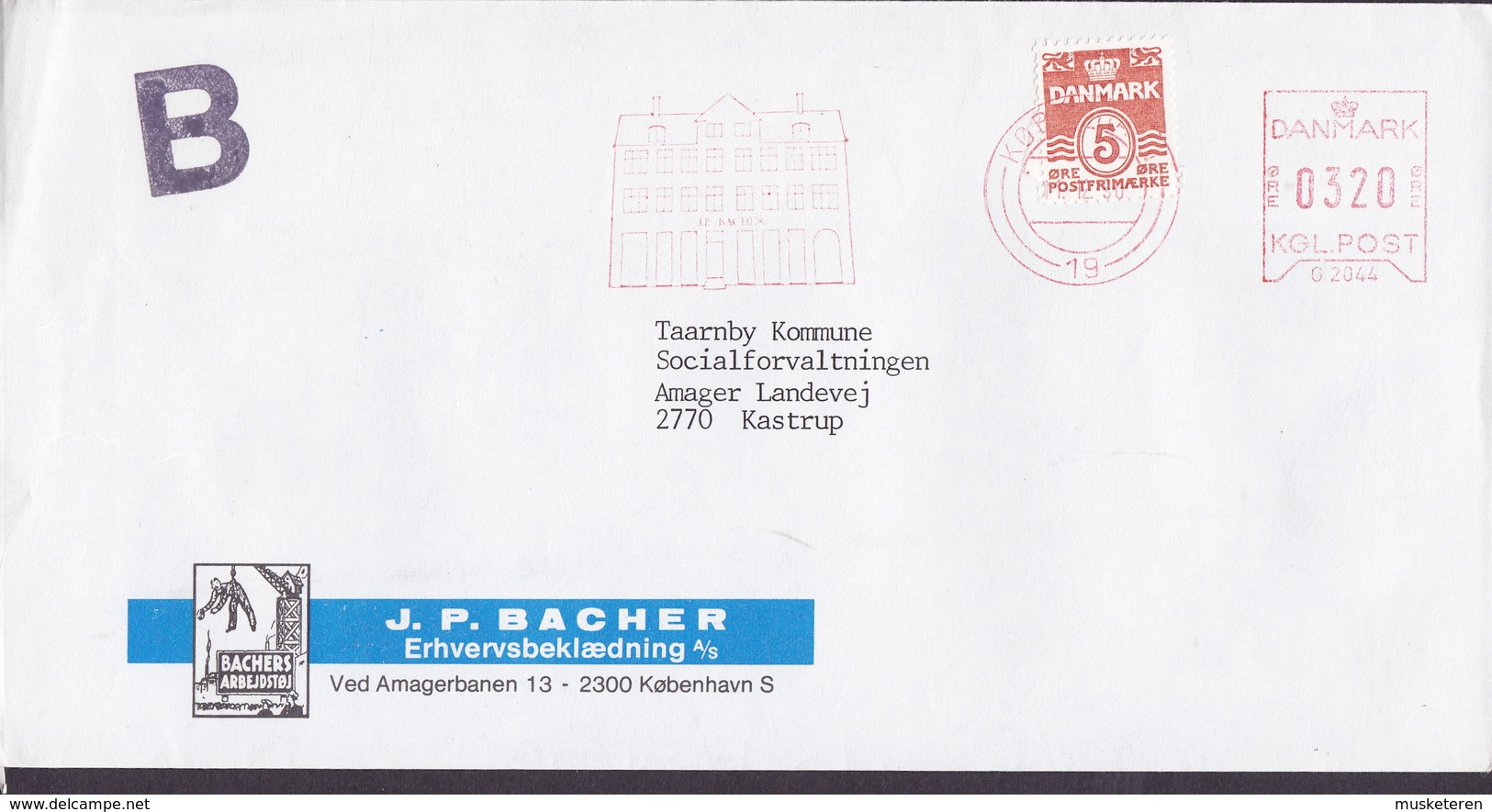 Denmark B-Economique J. P. BACHER Arbejdstøj 1990 Uprated Meter Cover Brief KASTRUP - Maschinenstempel (EMA)