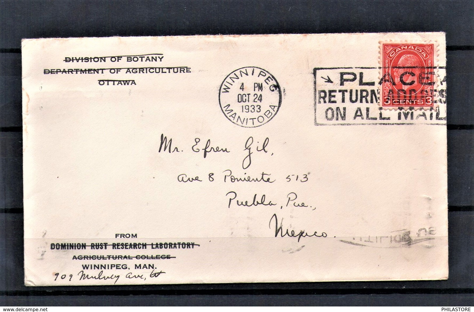 CANADA 1934 Cover With Contents From WINNIPEG To Mexico Franked 3c Red KGV - Lettres & Documents