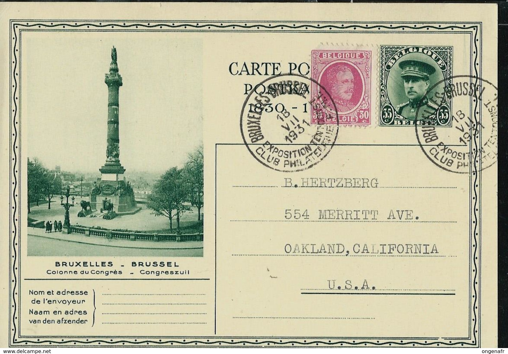 Carte Obl. N° 7. à Destination Des USA  Obl. Bxl  Expo 18/07/1931 - Cartes Postales Illustrées (1971-2014) [BK]