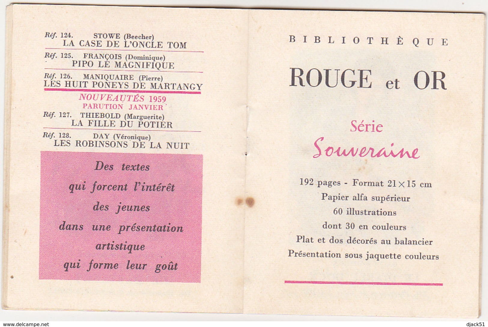 Petit calendrier 1959 - Bibliothèque Rouge & Or (sous forme de petit livre)