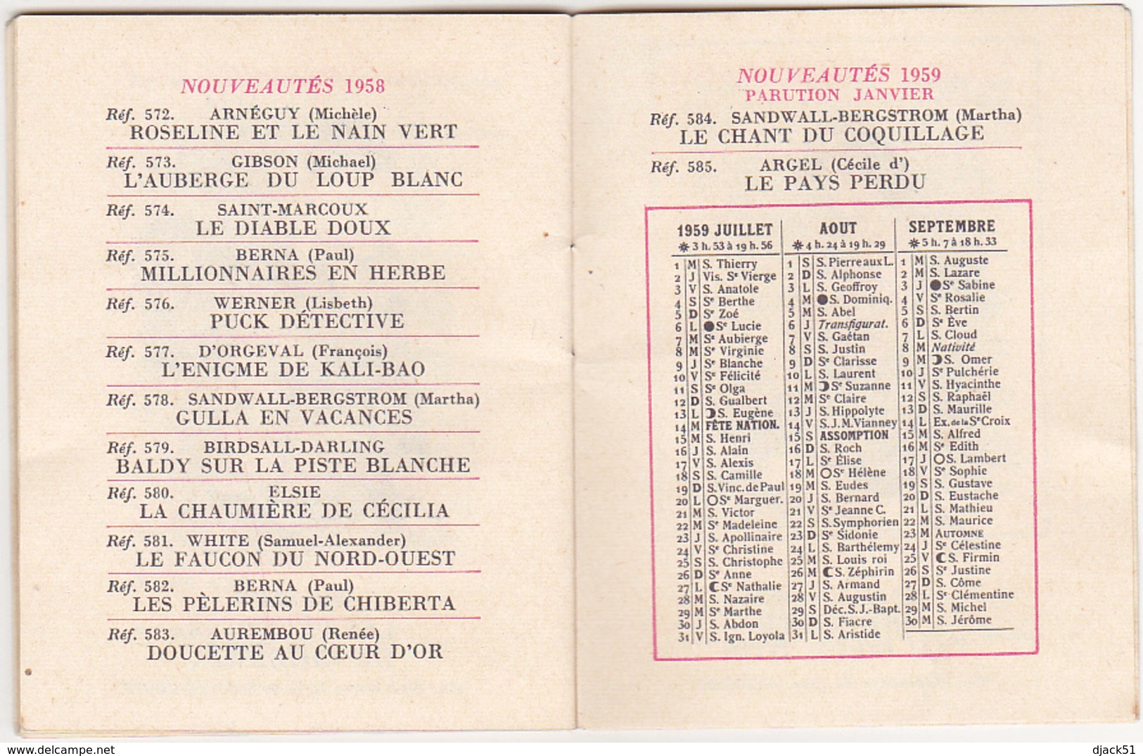 Petit calendrier 1959 - Bibliothèque Rouge & Or (sous forme de petit livre)