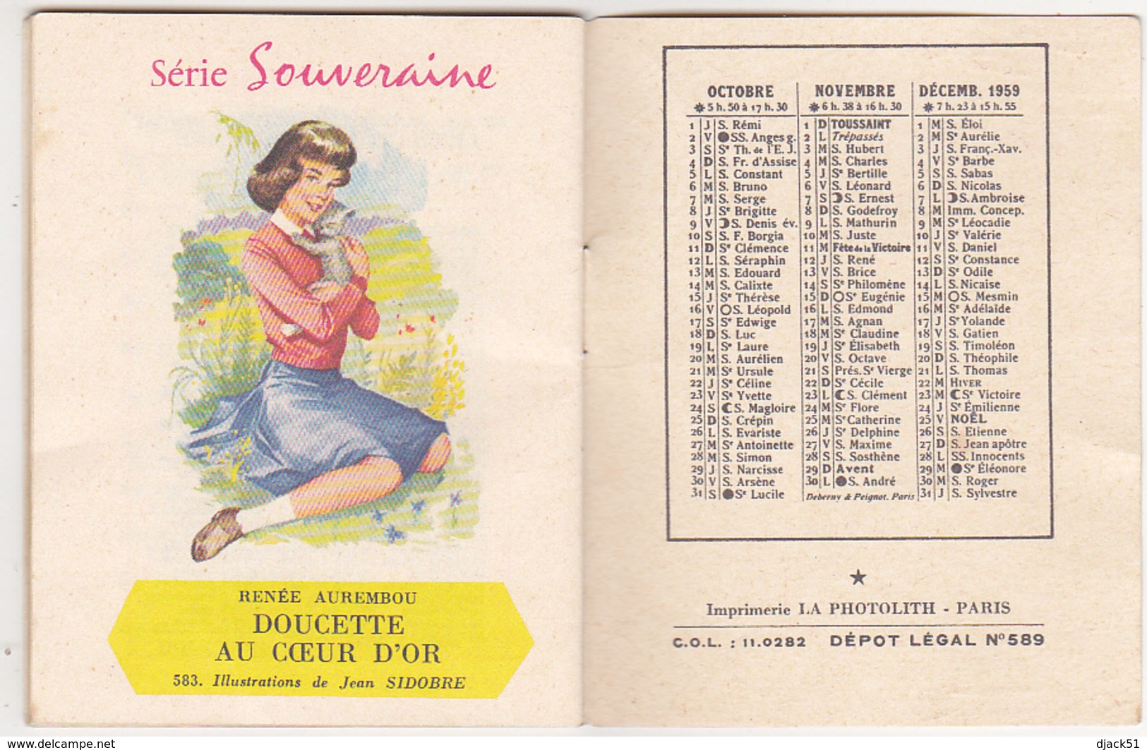 Petit calendrier 1959 - Bibliothèque Rouge & Or (sous forme de petit livre)