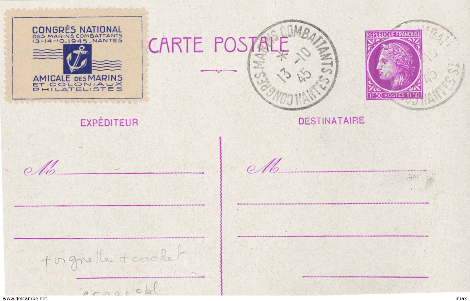 Ceres Carte Postale Ganzsache Congres Marins Combattants Nantes 13.10.1945 - Lettres & Documents