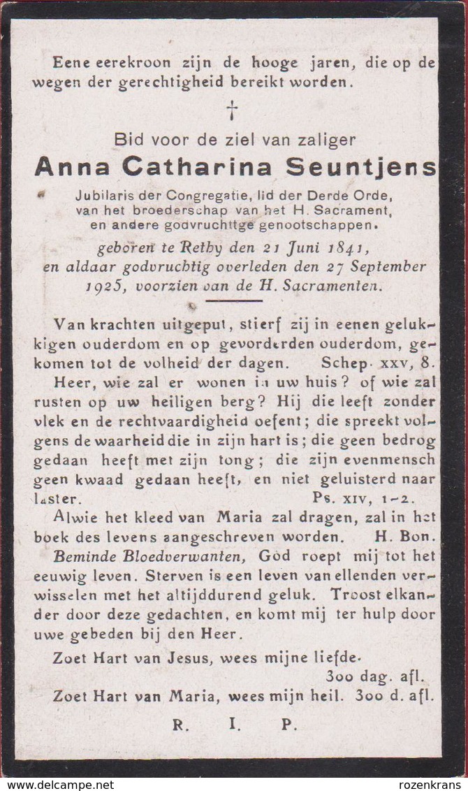 Anna Catharina Seuntjens Rethy Kempen Retie1925 Doodsprentje Bidprentje Image Mortuaire - Images Religieuses