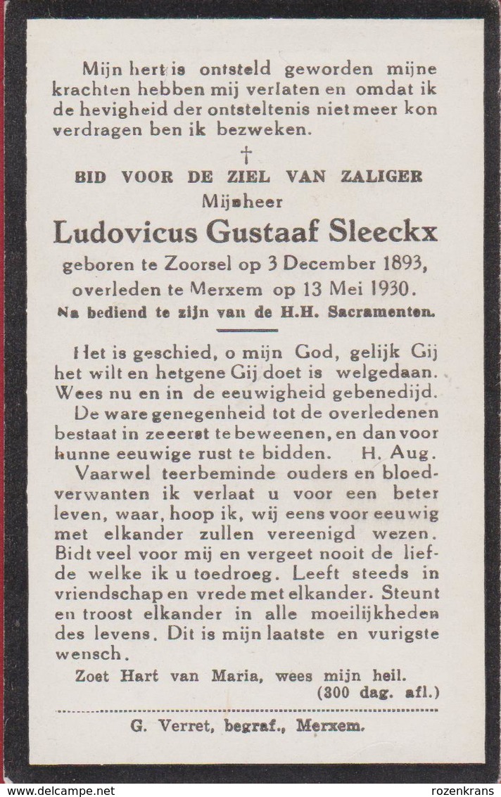 Ludovicus Sleeckx Zoersel Zoorsel Kempen Merxem Merksem 1930 Doodsprentje Bidprentje Image Mortuaire - Images Religieuses