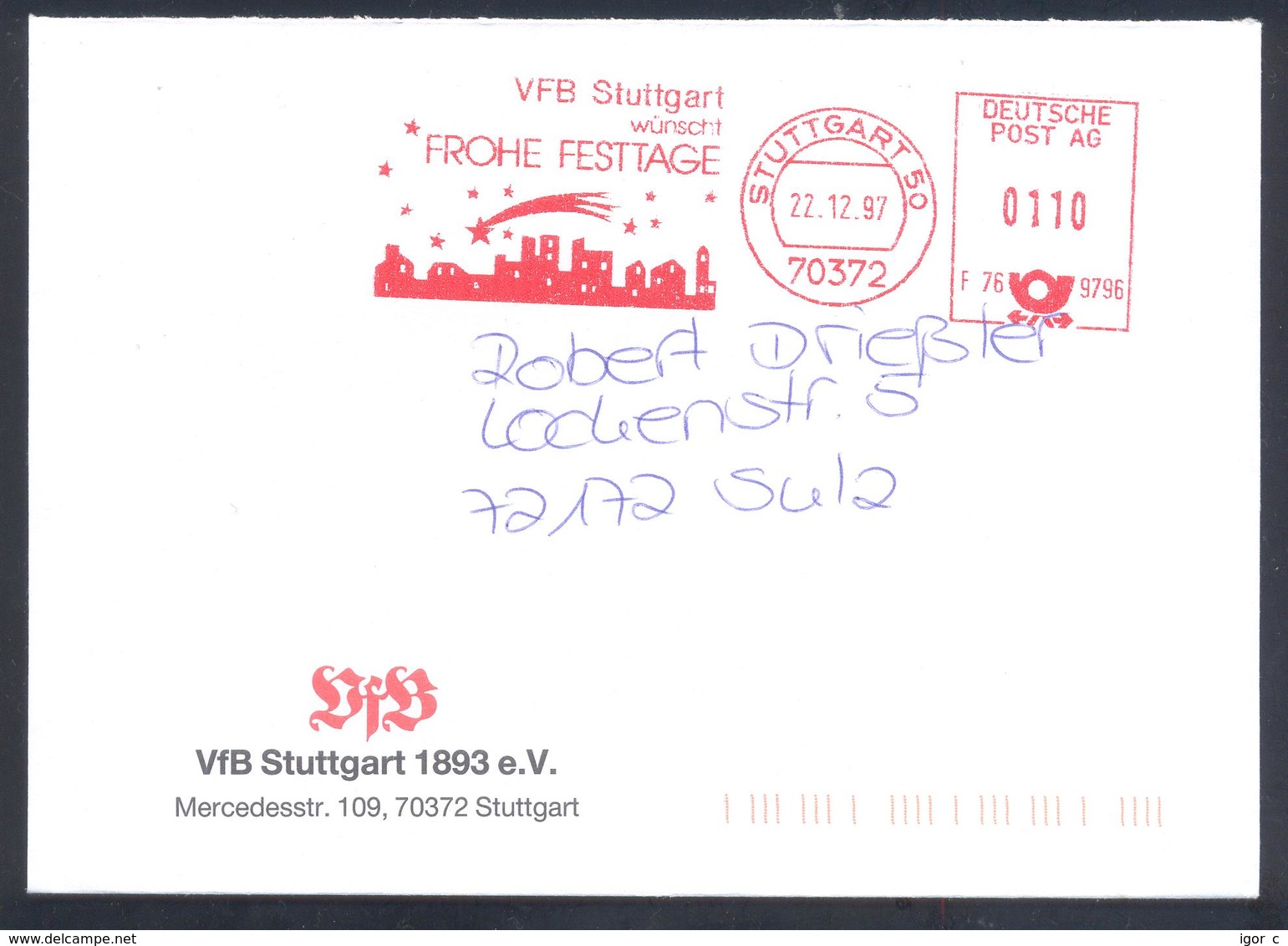 Germany 1997 Cover: Football Fussball Soccer Calcio: VfB Stuttgard 1893 Christmas Meter Cancellation Freistempel - Autres & Non Classés