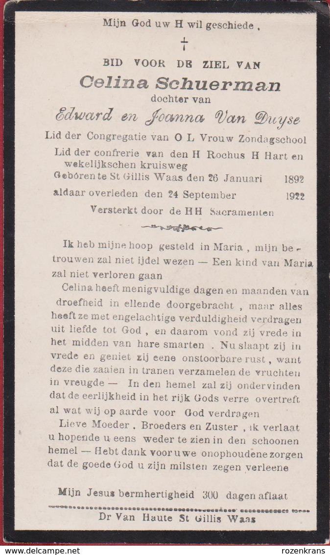 Celina Schuerman Dochter Edward Van Duyse St St. Sint Gillis Waas Waasland 1922 Doodsprentje Bidprentje Image Mortuaire - Images Religieuses