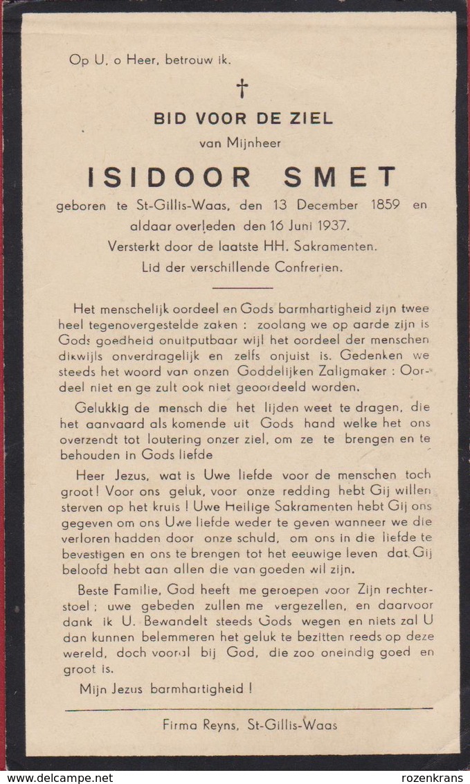 Isidoor Smet St Sint Gillis Waas Waasland 1937 St-Gillis-Waas Doodsprentje Ecce Homo Bidprentje Image Mortuaire - Images Religieuses