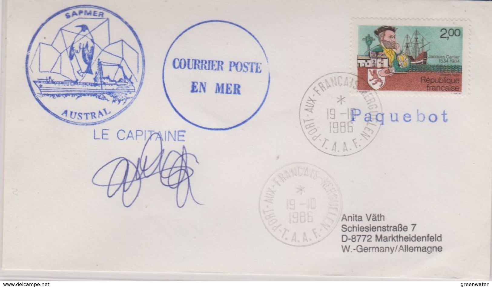 TAAF 1986 Sapmer Austral Cover Ca Port-aux-Francais 19.10.1986 Si Capitaine (42460) - Brieven En Documenten