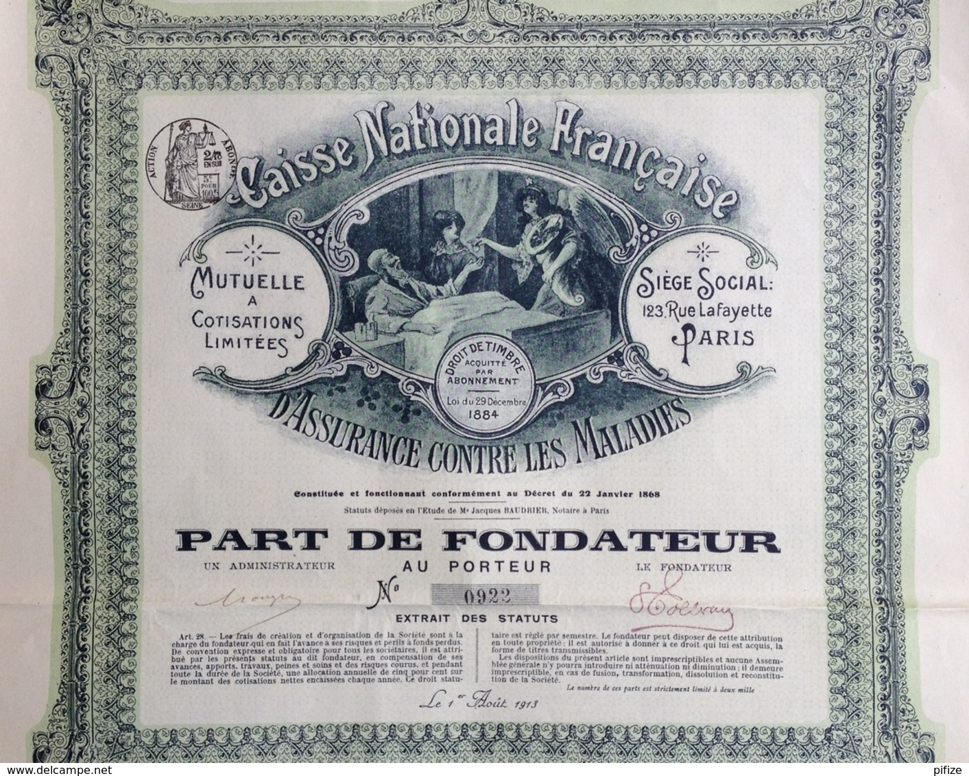 Caisse Nationale Française D'Assurance Contre Les Maladies . Part De Fondateur 1913 . Tirage 2000 Ex. - Banque & Assurance