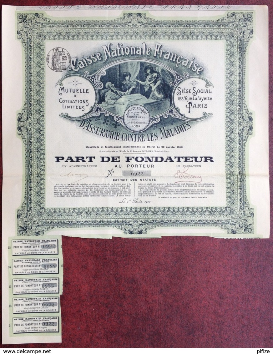 Caisse Nationale Française D'Assurance Contre Les Maladies . Part De Fondateur 1913 . Tirage 2000 Ex. - Banca & Assicurazione