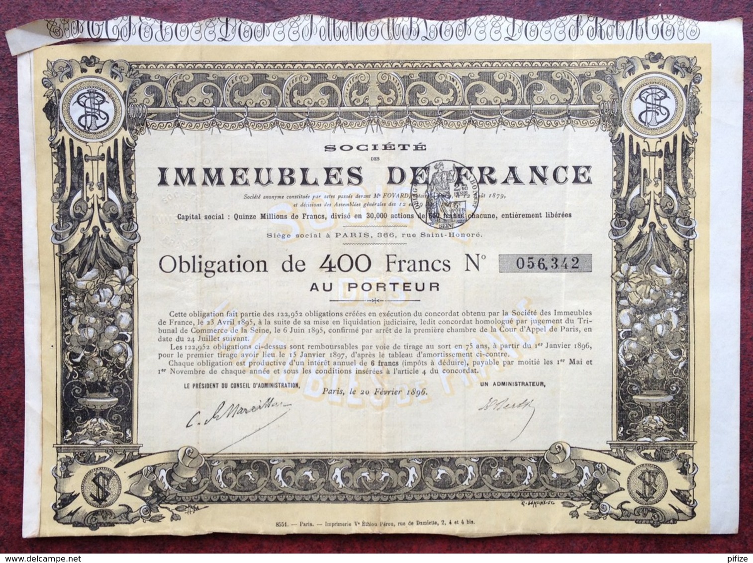 Immobilier . Société Des Immeubles De France . Obligation De 400 F Au Porteur 1896 . - Autres & Non Classés