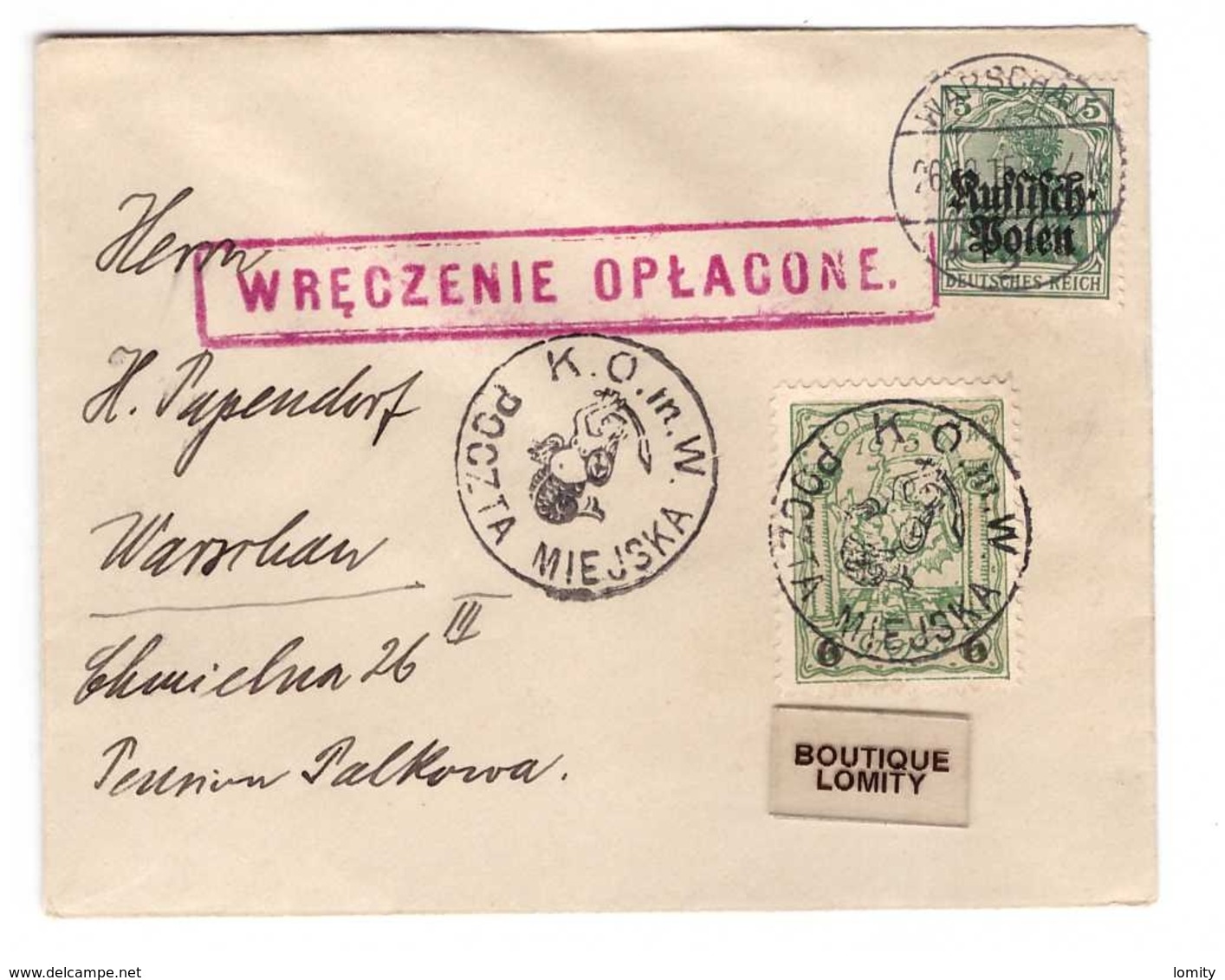 Pologne Lettre 1915 Occupation Allemande Brief Warschau Cachet Rouge Timbre Poste Locale Varsovie Armoirie Sirene épée - Lettres & Documents