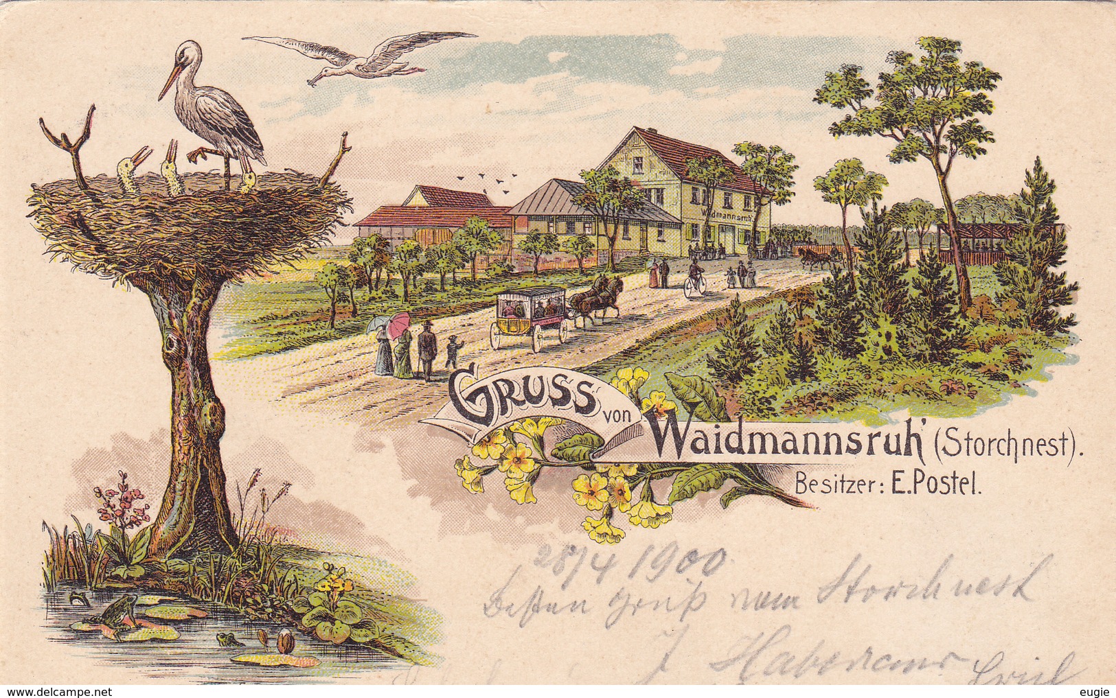 784/ Oude Litho, Gruss Von Waidmannsruh ( Storchnest) Besitzer E.Postel , 1900 - Erfurt