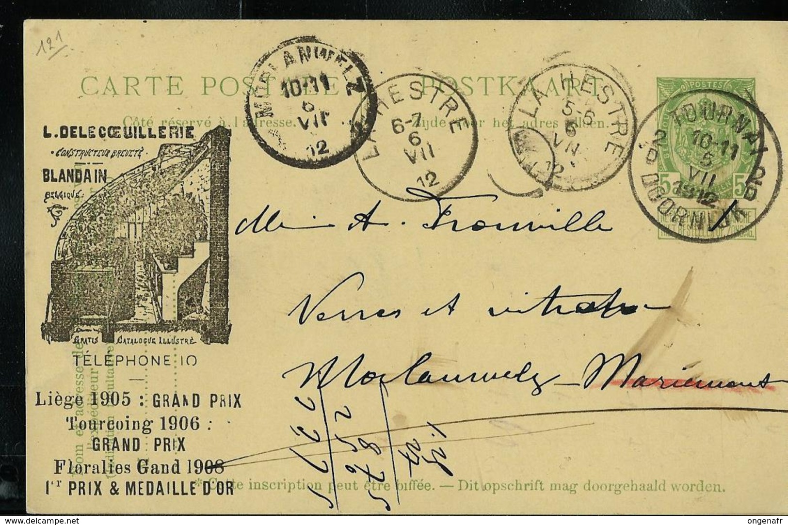 Carte Obl. N° 38. + Repiquage (Floralies Gand 1906) Obl. Tournai-Doornik 2D Du 05/07/1912 + La Hestre Et Morlanwelz - Cartes Postales 1871-1909