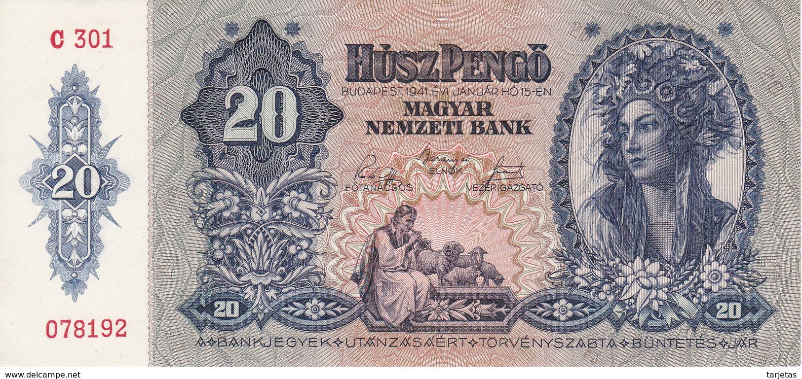 BILLETE DE HUNGRIA DE 20 PENGO DEL AÑO 1941 SIN CIRCULAR-UNCIRCULATED (BANKNOTE) - Hungría
