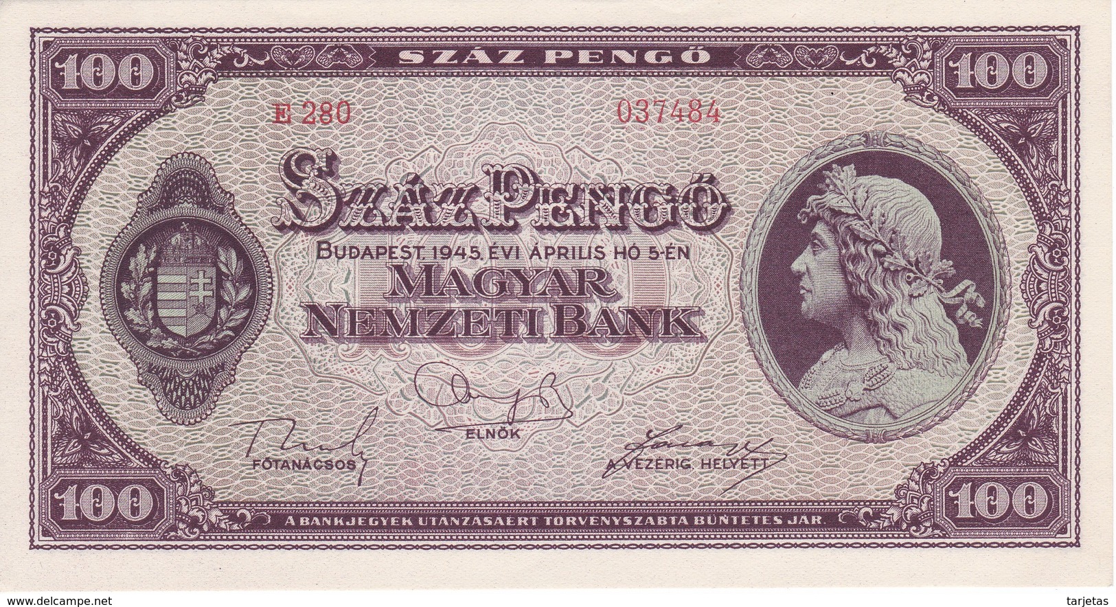 BILLETE DE HUNGRIA DE 100 PENGO DEL AÑO 1945 SIN CIRCULAR-UNCIRCULATED (BANKNOTE) - Hungría