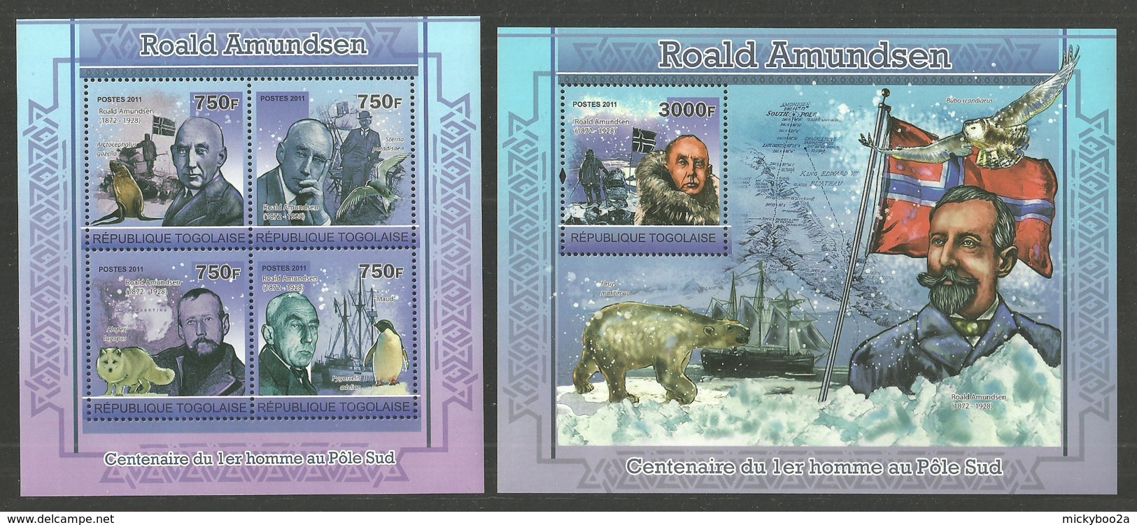 TOGO 2011 AMUNDSEN ARCTIC SHIPS BIRDS PENGUINS POLAR BEAR SET OF 2 M/SHEETS MNH - Togo (1960-...)