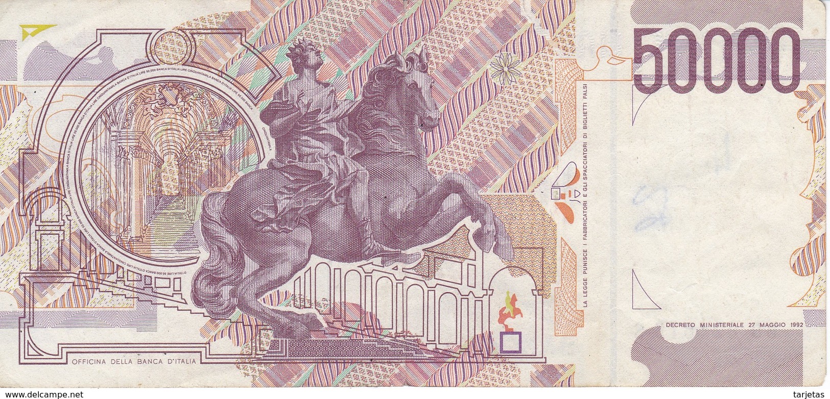 BILLETE DE ITALIA DE 50000 LIRAS DEL AÑO 1992 DE LORENZO BERNINI EN CALIDAD EBC (XF) (BANKNOTE) - 50000 Lire