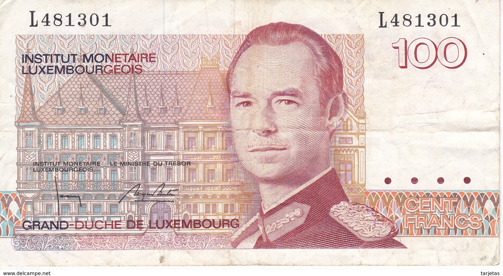 BILLETE DE LUXEMBURGO DE 100 FRANCS DEL  AÑO 1980 SERIE L (BANKNOTE) - Luxemburgo