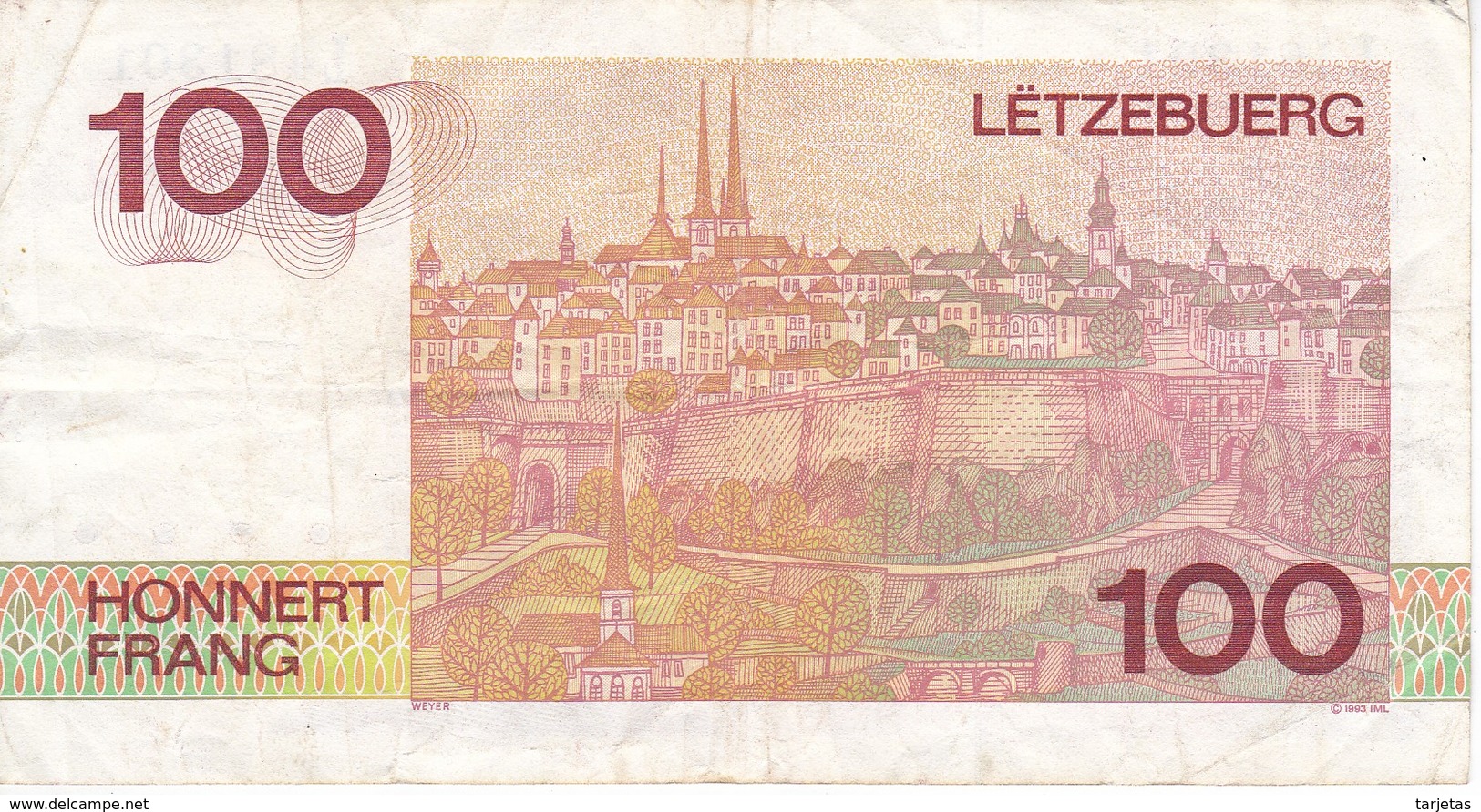 BILLETE DE LUXEMBURGO DE 100 FRANCS DEL  AÑO 1980 SERIE L (BANKNOTE) - Luxemburgo