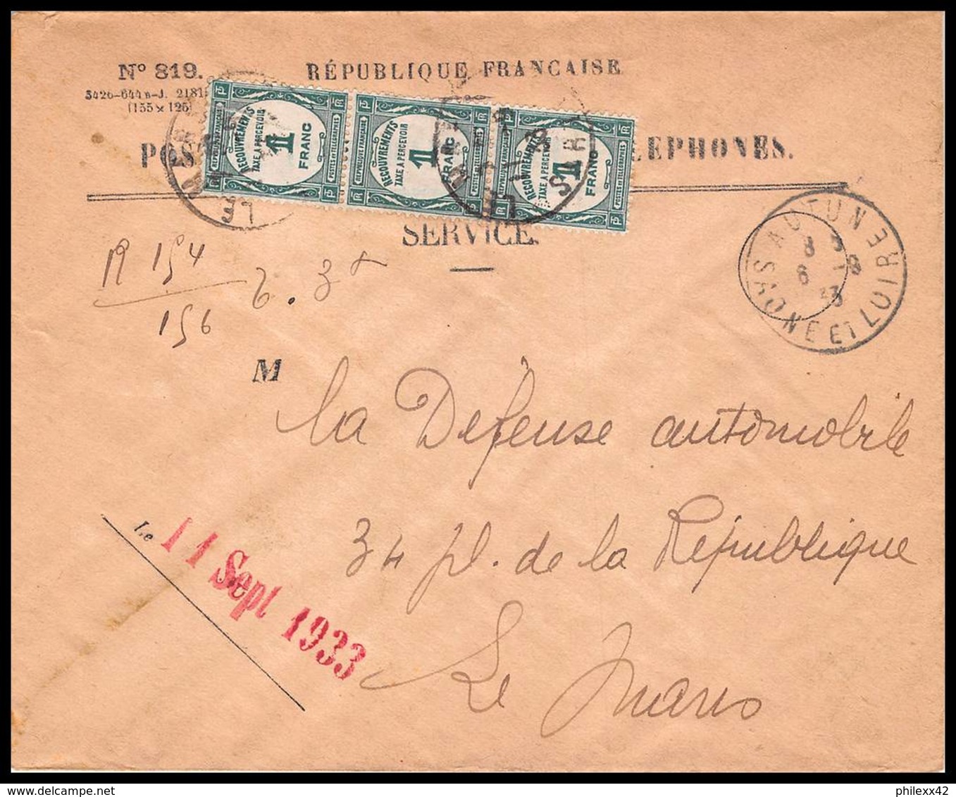 53321 Saone Et Loire Autun 1933 Taxe N°60 1f Vert X3 Bande Vert Le Mans Sarthe Lettre Recommandé Cover France - 1859-1959 Briefe & Dokumente