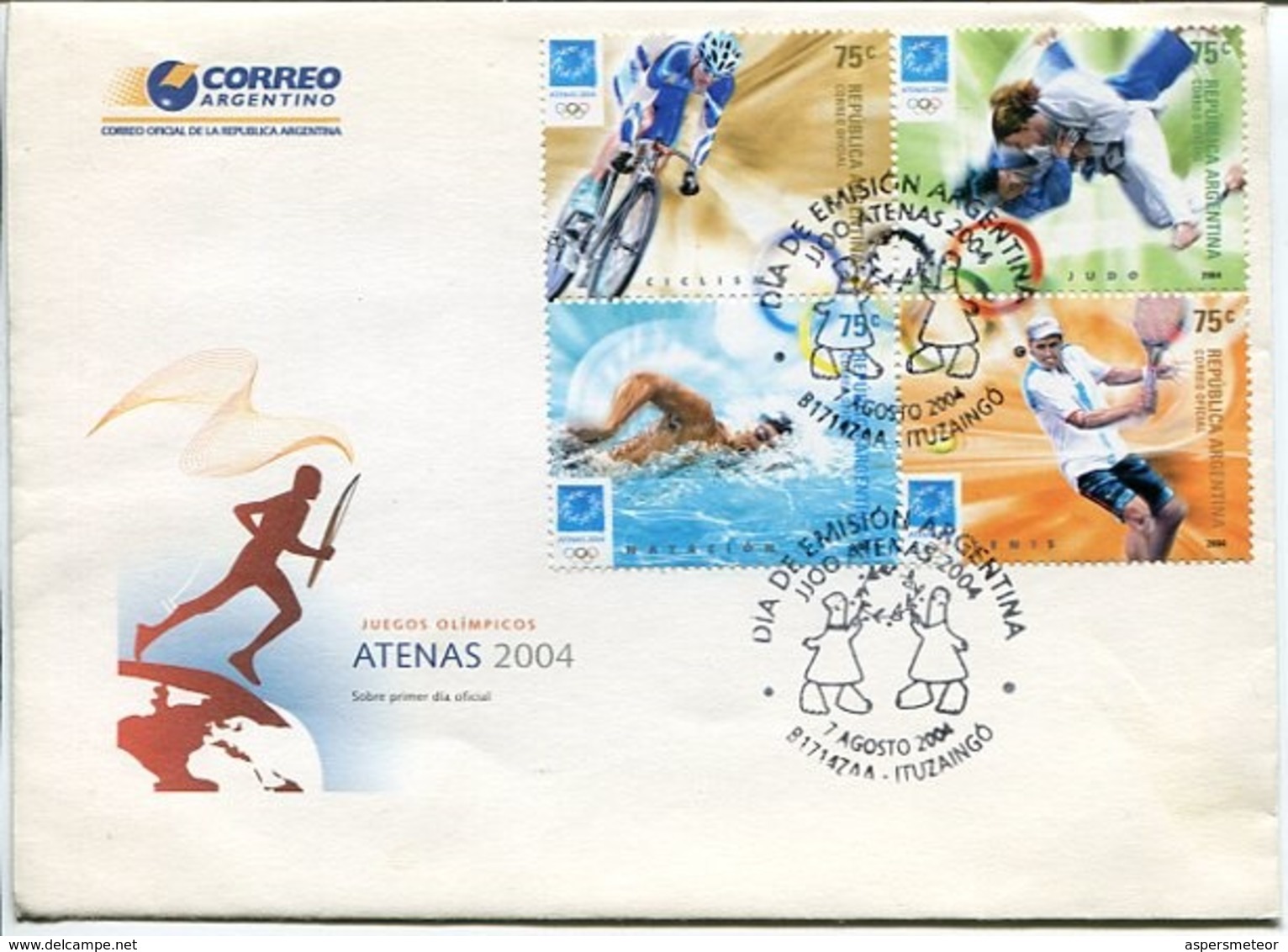 JUEGOS OLIMPICOS ATENAS 2004. SOBRE ARGENTINA ENVELOPE FDC RARO 4 TIMBRES VALEURS - LILHU - Estate 2004: Atene