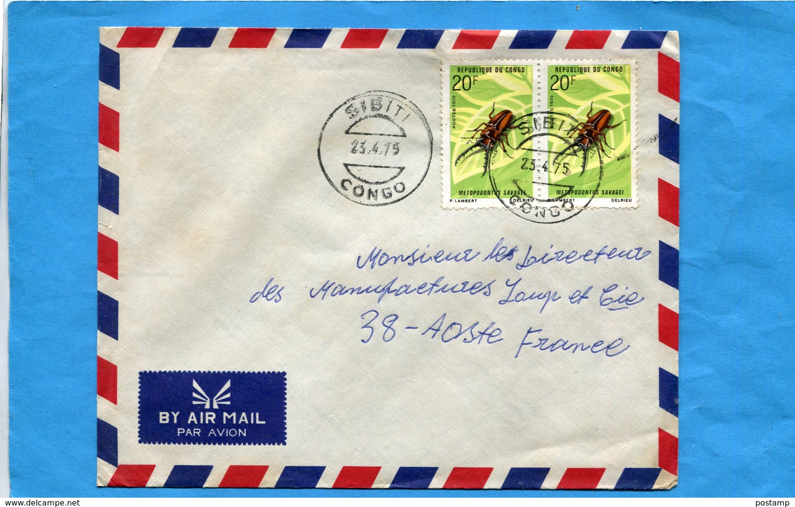 MARCOPHILIE-CONGO-lettre  > Françe-cad Sibiti-1975-2 Stamps N°274 Insect-metopodontuss - Autres & Non Classés