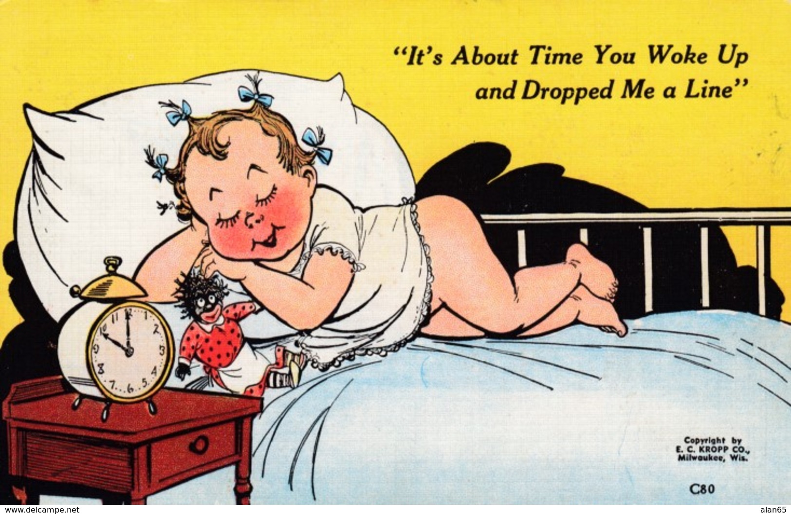 Black Americana, Girl Sleeps With Black Doll, 'Its About Time You Woke Up. . .' C1930s/40s Vintage Linen Postcard - Black Americana