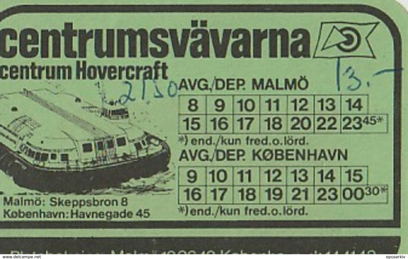 Centrumlinjen - Centrumsvavarna Centrum Hovercraft Malmö - Kopenhavn. Timetable Card. - World