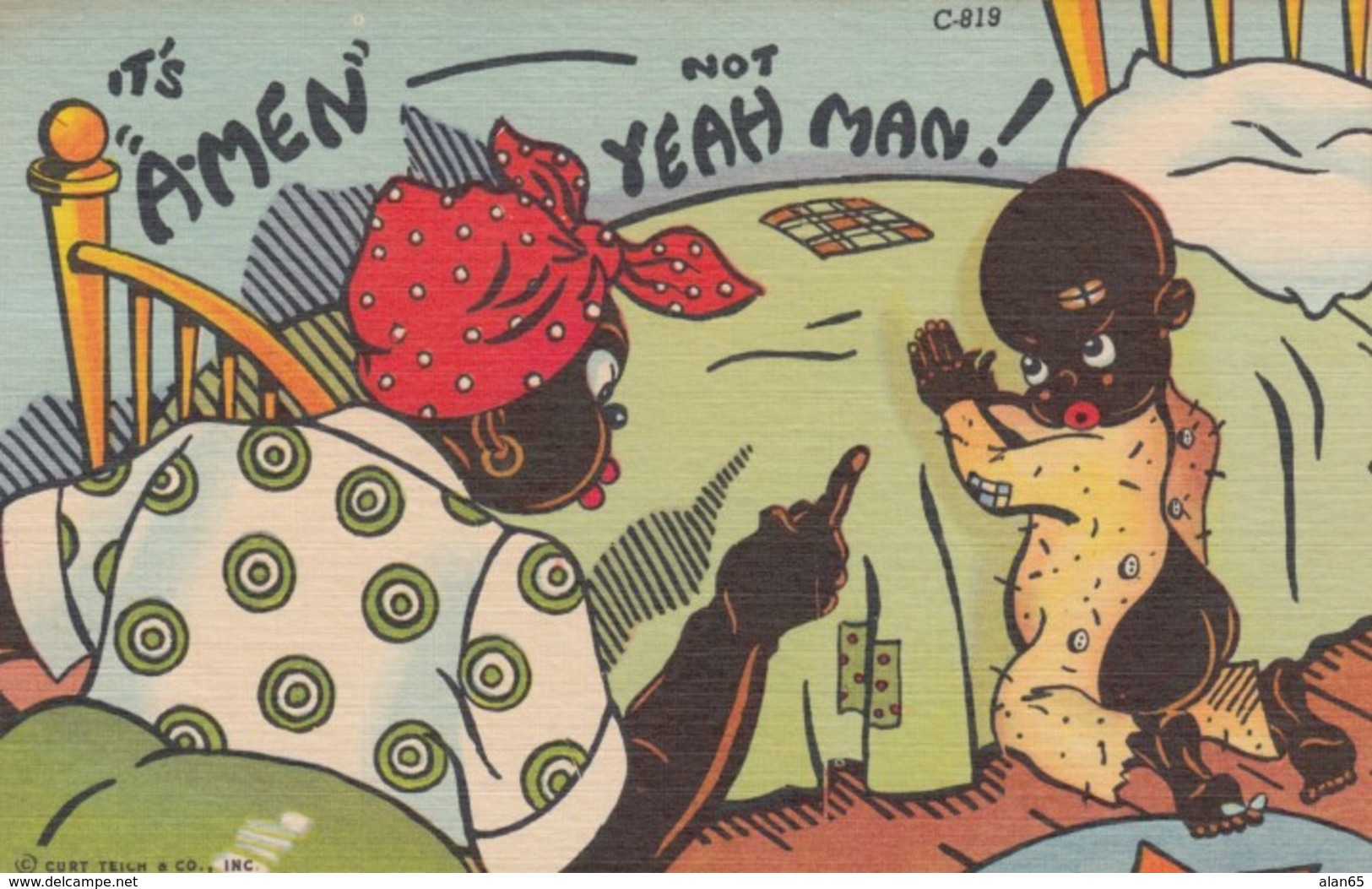 Black Americana, Humor, Boy Prays Mother Says 'Its Amen Not Yeah Man' C1940s Vintage Linen Postcard - Black Americana