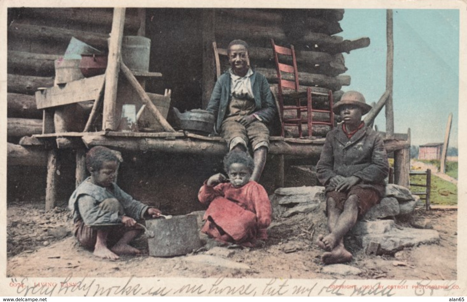 Black Americana, 'Living Easy' Black Children On Front Porch, C1900s Vintage Detroit Photographic Co. #6074 Postcard - Black Americana