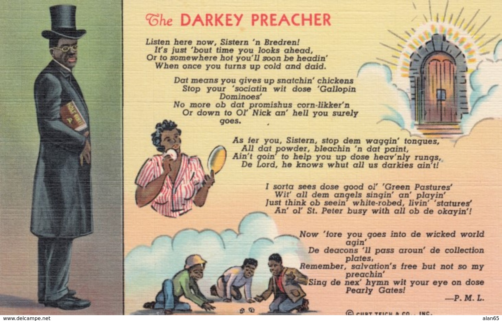 Black Americana, 'The Darkey Preacher' Black Religion Theme, C1930s Vintage Curteich Linen Postcard - Black Americana