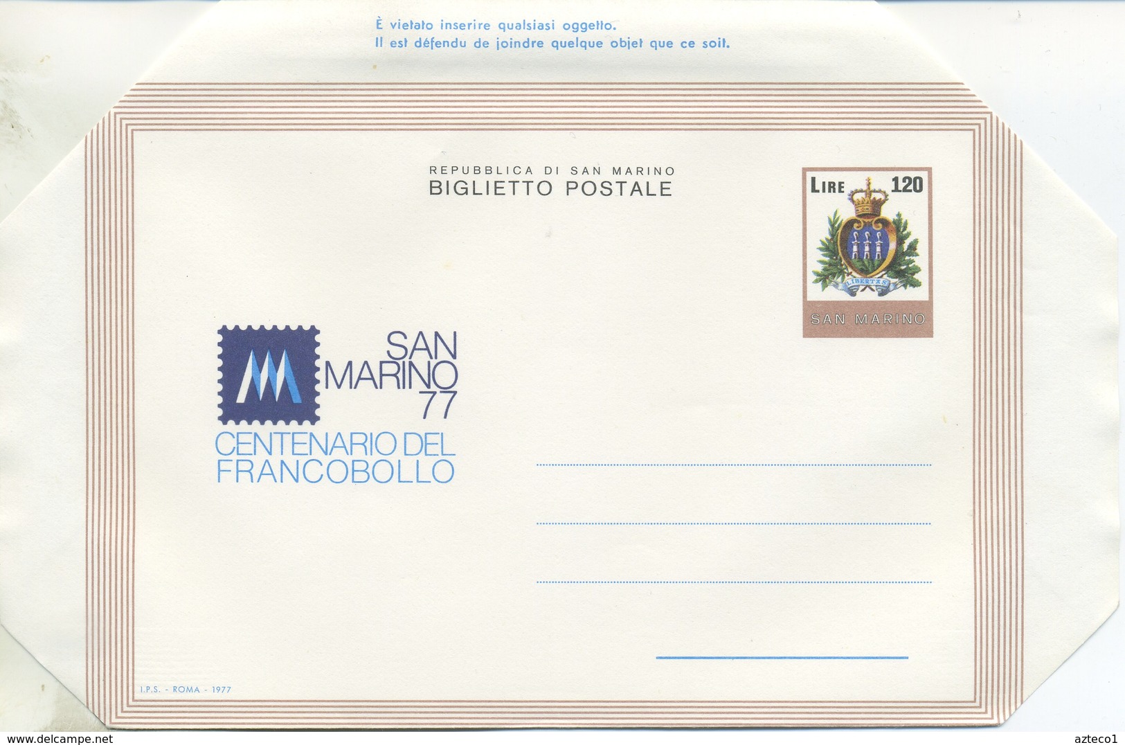 SAN MARINO - BIGLIETTO POSTALE 1977 - CENTENARIO DEL FRANCOBOLLO - NUOVO - Interi Postali