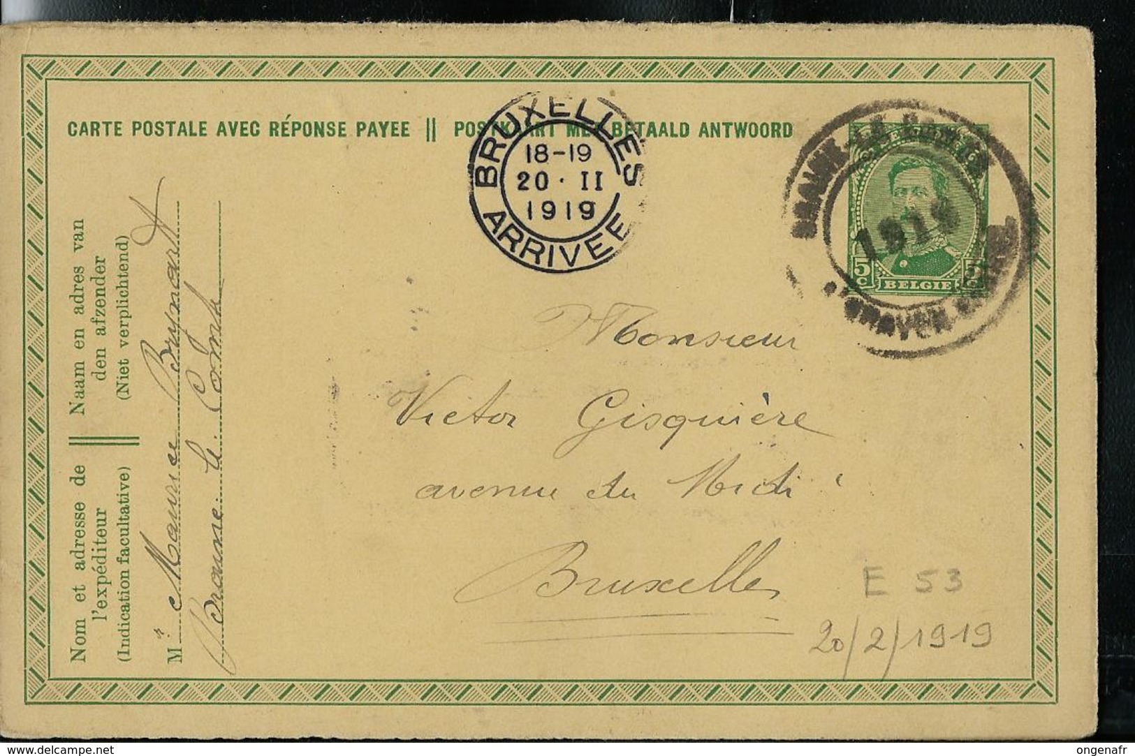 Carte N° 53. A   Obl. Braine -Le - Comte 1919   Pour Bxl 20/02/1919 - Cartes Postales 1909-1934