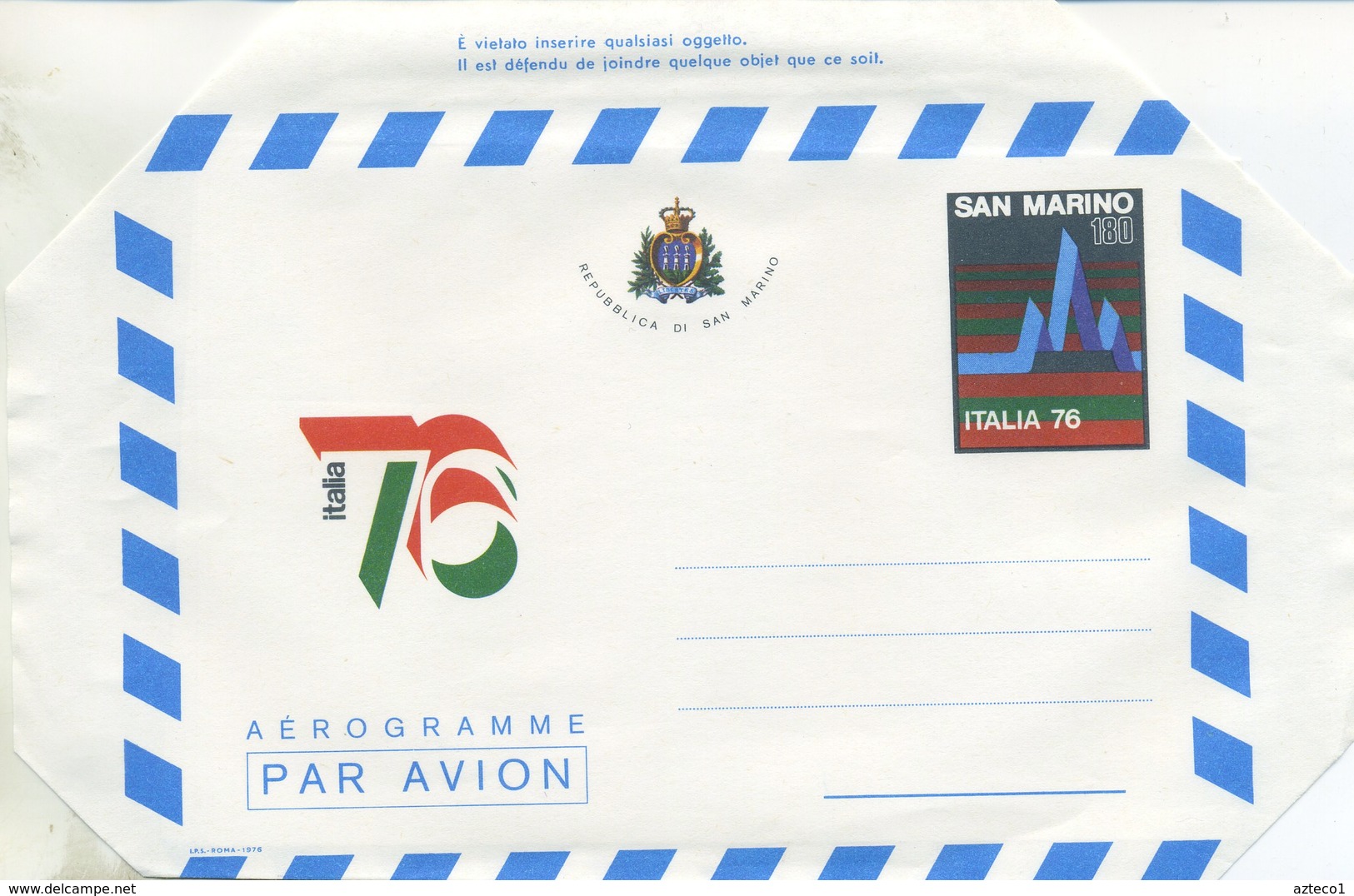SAN MARINO - AEROGRAMMA 1976 - ESPOSIZIONE INTERNAZIONALE - NUOVA - Postwaardestukken