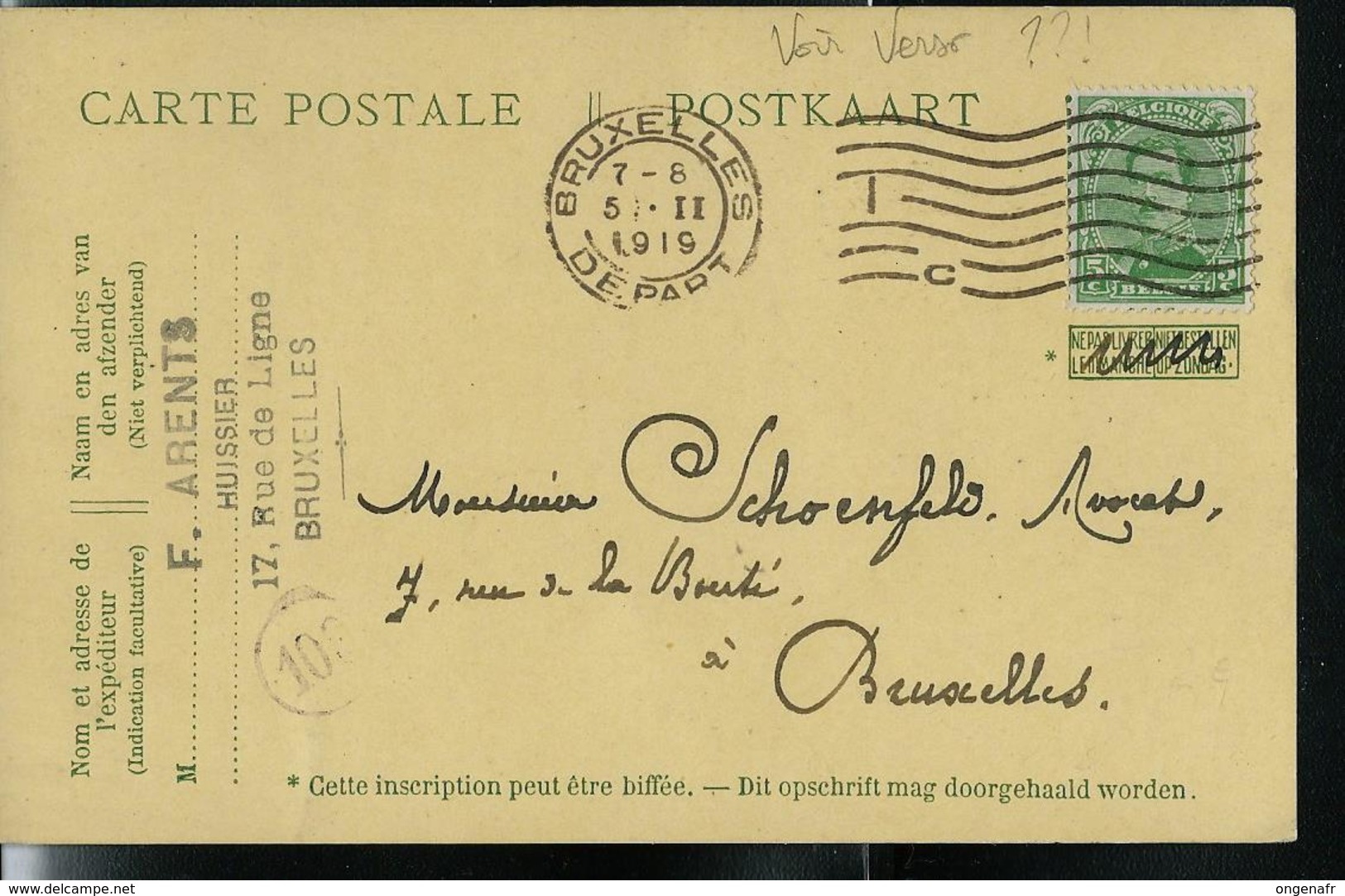 Carte N° 50 Maquillé D'un Autre Timbre; Obl. Bxl Départ 05/02/1919  Ligne Ondulé  Avec Lettre C - Cartes Postales 1909-1934