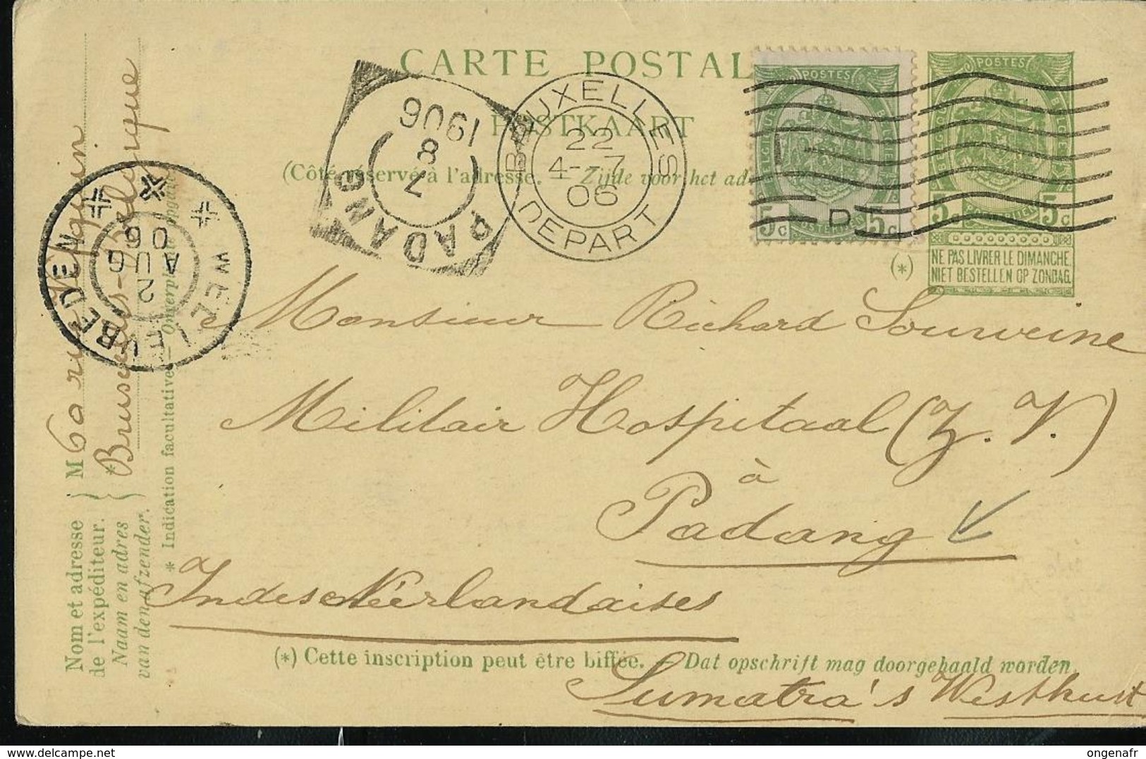 Carte N° 31. Obl. Bxl 04/07/1906 Pour Padang 07/08/1906  (Indes Néerlandaises) !!!  RR Destination - Cartes Postales 1871-1909