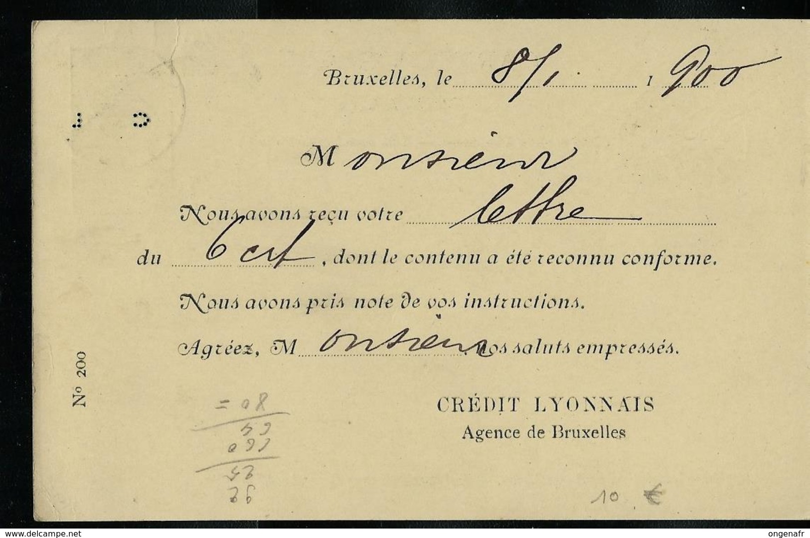 Carte N° 23. Obl. Bxl (Legislatif) 08/01/1900  Pour Florenville Le Même Jour  Perforé CL : Crédit Lyonnais - Cartes Postales 1871-1909