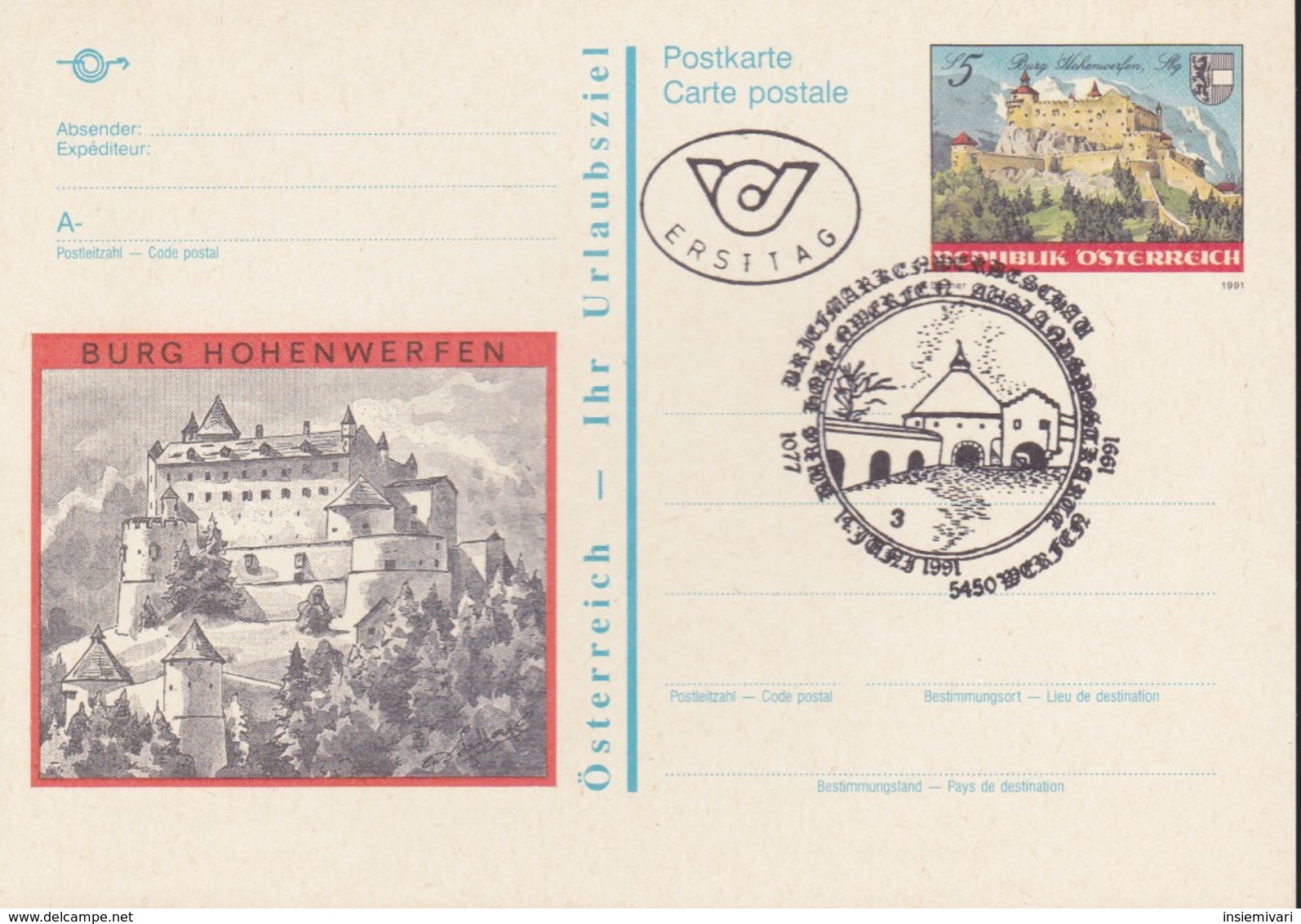 Austria Republik Osterreich POSTKARTE 1991 STORIA POSTALE S 5,00  CASTELLO HOHENWERFEN. - Altri & Non Classificati