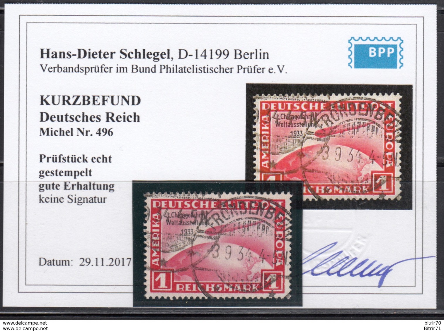 1933  Michel Nr 496  ,  Kurzbefund Hans Dieter Schlegel. BPP - Usados